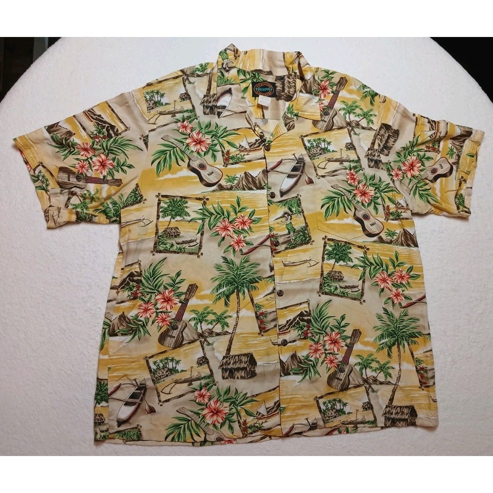 Hawaiian Reserve Collection XL Yellow Canoe Ukulele Island Scene 100% Rayon Made